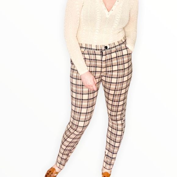 Urban Outfitters Brown Cream Plaid Flannel Stretch Waist Skinny Leg Pants size S - Picture 1 of 13